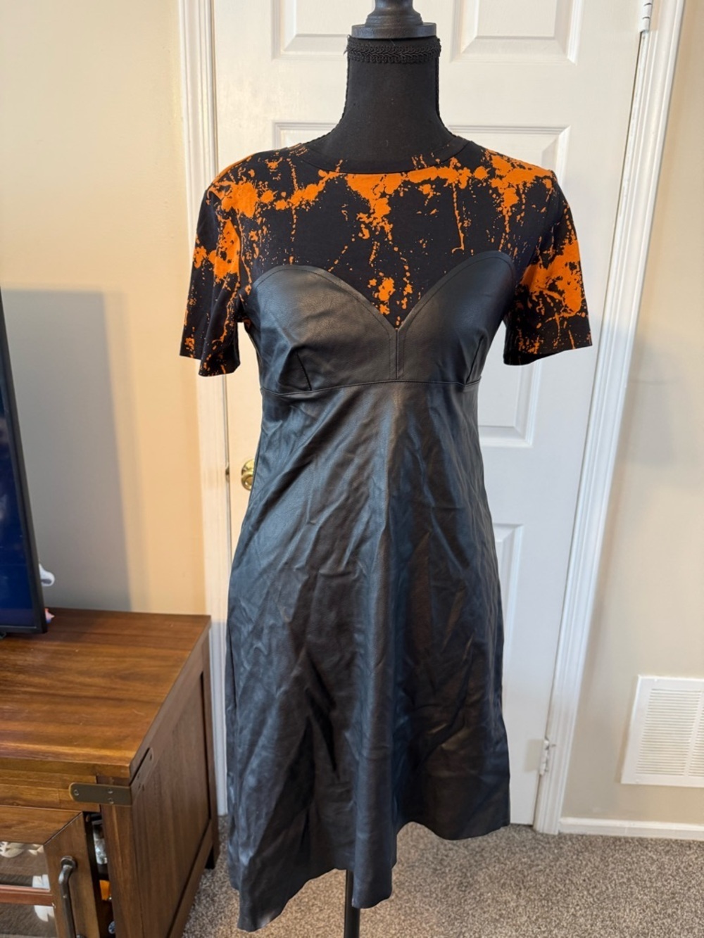 Zara Black Faux Leather Dress with Orange Splash Top